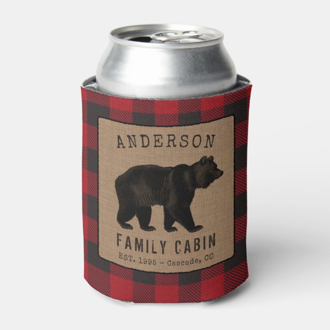Rustic Bear Family Cabin Red Buffalo Plaid Burlap Can Cooler (Can Front)