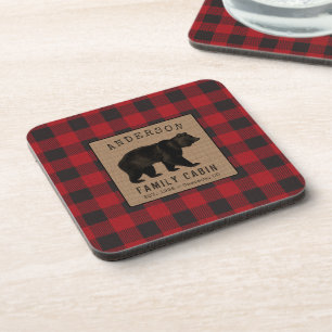 Rustic Bear Family Cabin Red Buffalo Plaid Burlap Coaster