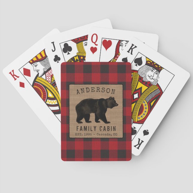 Rustic Bear Family Cabin Red Buffalo Plaid Burlap Playing Cards (Back)