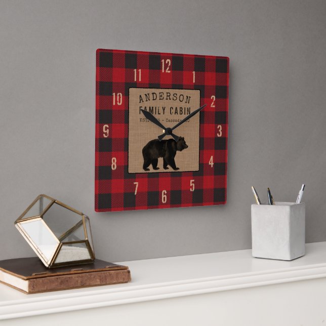 Rustic Bear Family Cabin Red Buffalo Plaid Burlap Square Wall Clock (Office)