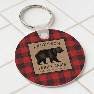 Rustic Bear Family Cabin Red Buffalo Plaid Round Keychain