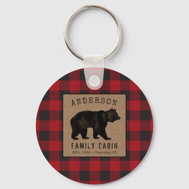 Rustic Bear Family Cabin Red Buffalo Plaid Round Keychain (Front)
