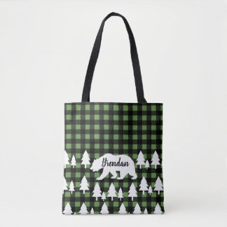 Rustic Bear Forest & Green Plaid with Name Tote Bag