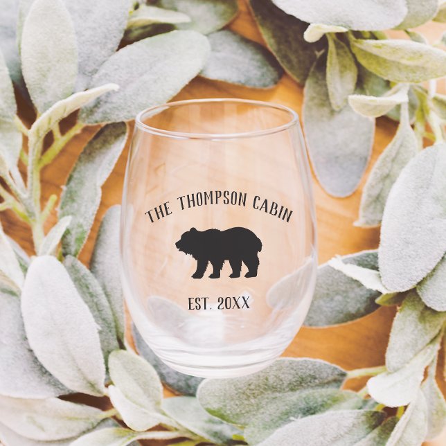 Rustic Bear Personalized Family Name Stemless Wine Glass (Creator Uploaded)