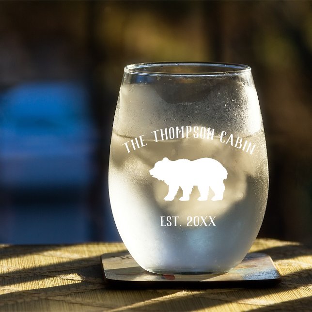 Rustic Bear Personalized Family Name Stemless Wine Glass (Creator Uploaded)