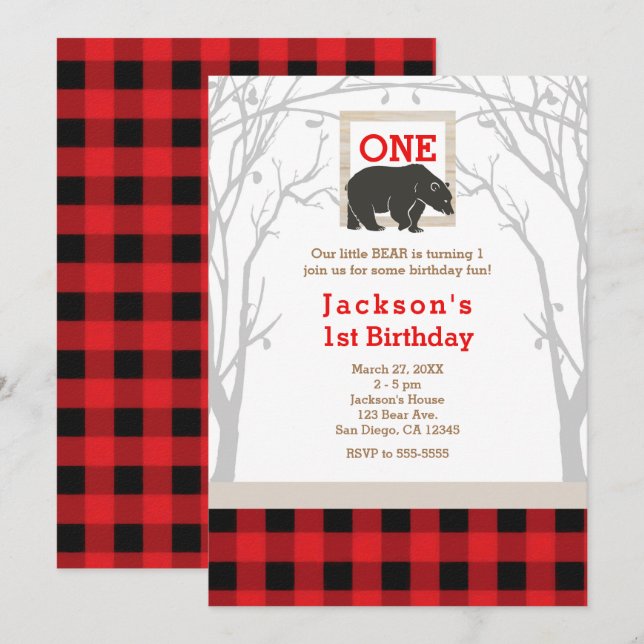 Rustic Bear Plaid 1er Anniversaire Invitations (Devant / Derrière)