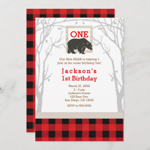 Rustic Bear Plaid 1er Anniversaire Invitations