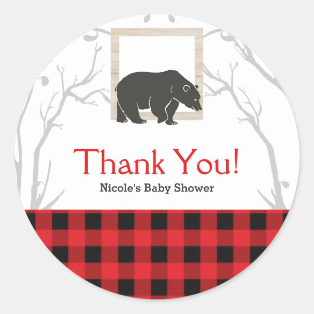 Rustic Bear Plaid Baby Shower Party Wedding Favour Classic Round Sticker (Front)