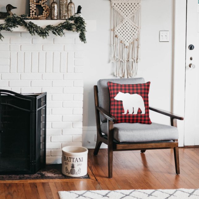 Rustic Bear Plaid Wilderness Cabin Throw Pillow (Creator Uploaded)