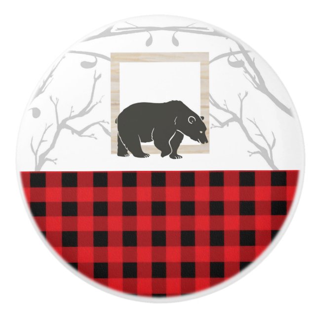 Rustic Bear & Red Buffalo Plaid Country Woods Ceramic Knob (Front)