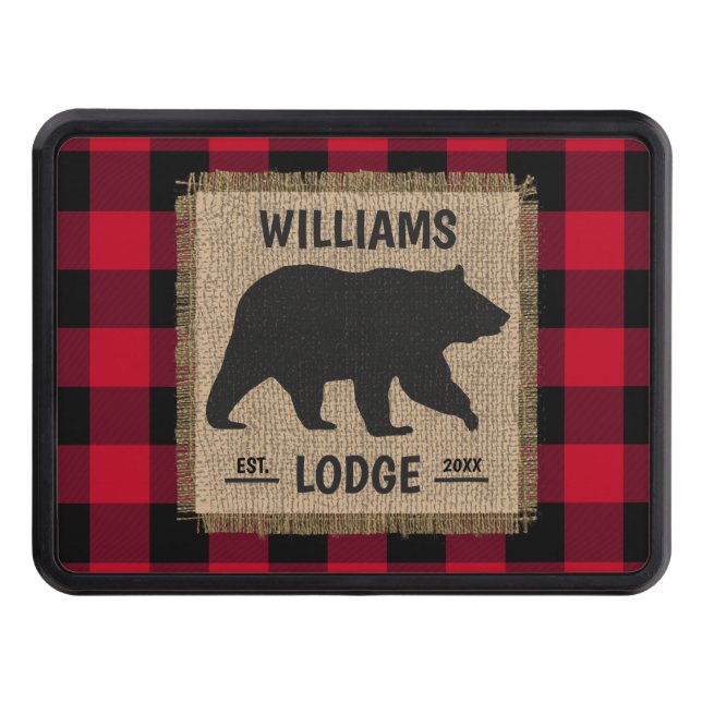 Rustic Bear Red Buffalo Plaid Trailer Hitch Cover (Front)
