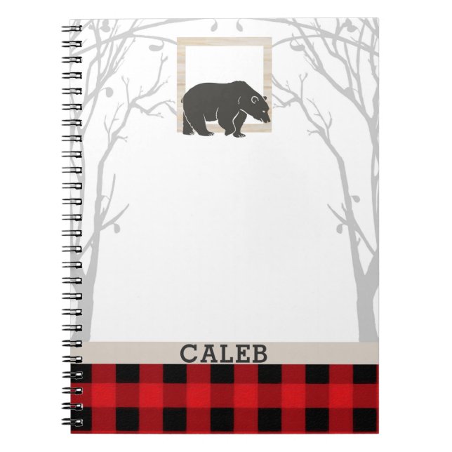 Rustic Bear & Red Chequered Plaid Country Woods Notebook (Front)