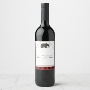 Rustic Bear & Red Plaid Woods Wedding Wine Wine Label