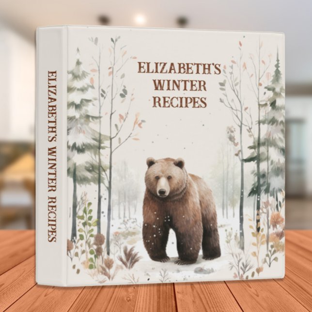 Rustic Bear Snow Winter Recipes Cookbook Binder (Bear in the snowy woods custom recipe/cookbook binder)