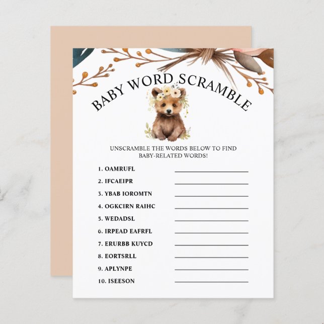 Rustic Bear Theme Baby Shower Word Scramble Game (Front/Back)