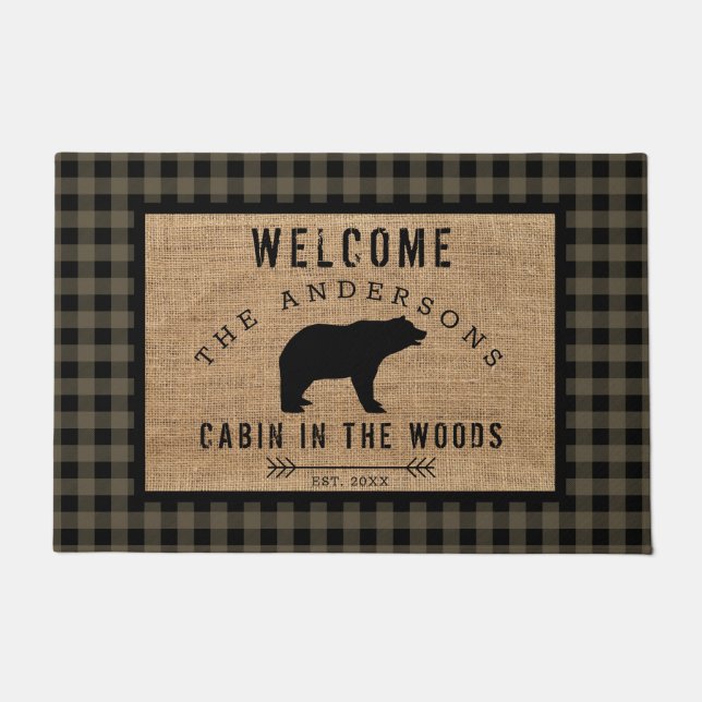 Rustic Bear Welcome Cabin in the Woods Family Name Doormat (Front)