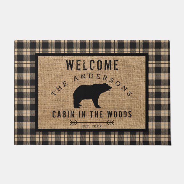 Rustic Bear Welcome Cabin in the Woods Family Name Doormat (Front)