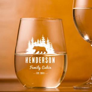 Rustic Bear Woods Family Name Stemless Wine Glass