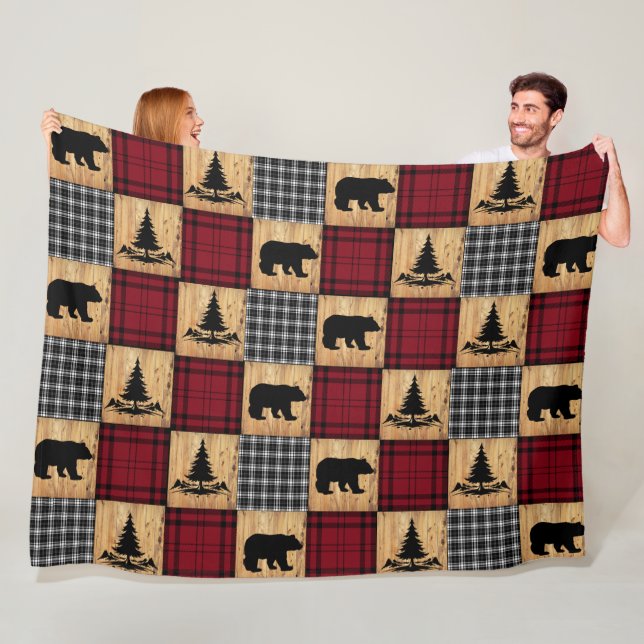 Rustic Bears Trees Wood Buffalo Check Red Black Fleece Blanket (In Situ)