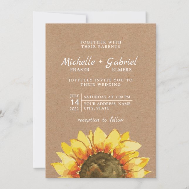 Rustic beautiful Sunflower Kraft botanical Wedding Invitation (Front)