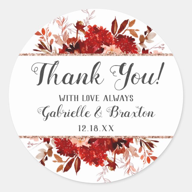 Rustic Beauty Floral Framed Fall Wedding Thank You Classic Round Sticker (Front)