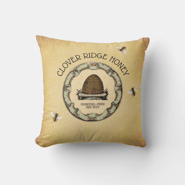 Rustic Bee and Honeycomb Label Throw Pillow (Front)