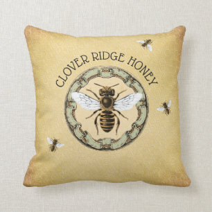 Rustic Bee and Honeycomb Label Throw Pillow
