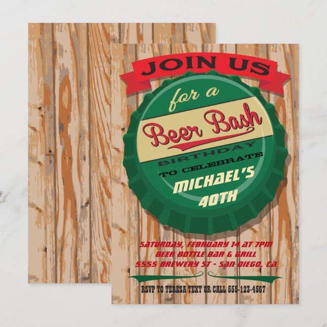 Rustic Beer Cap birthday milestone invitation (Front/Back)
