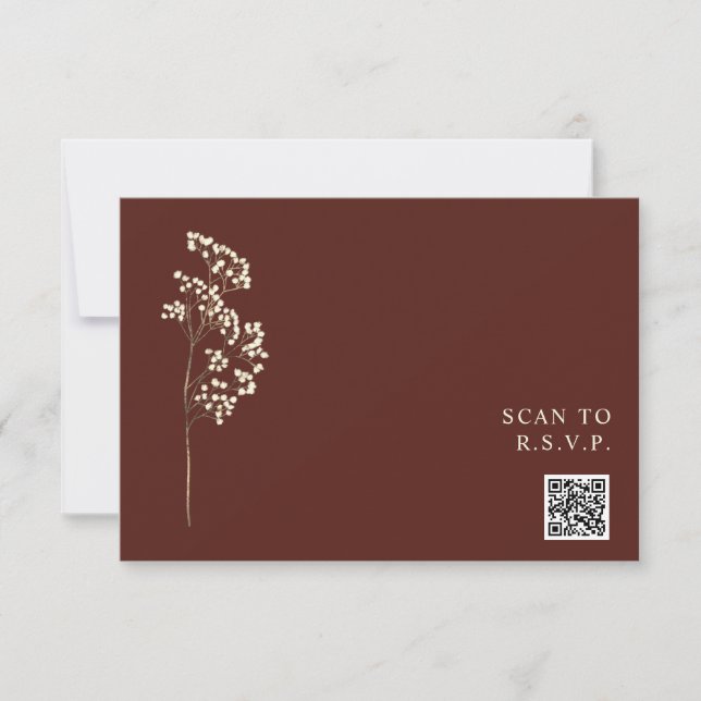 Rustic Beet Red Gypsophila QR Code Wedding RSVP Card (Front)