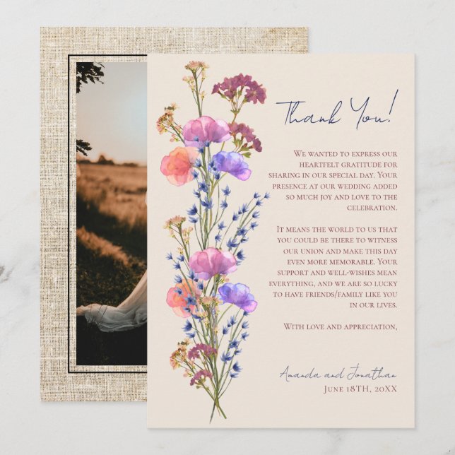 Rustic Beige Acrylic Floral Photo Thank You  Card (Front/Back)