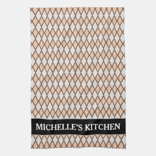 Rustic Beige and Grey Diamond Shape Pattern + Name Kitchen Towel
