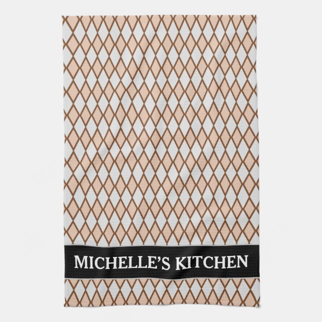 Rustic Beige and Grey Diamond Shape Pattern + Name Kitchen Towel (Vertical)