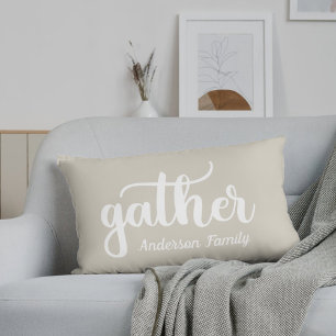 Rustic Beige Autumn Gathering Family Name Lumbar Pillow