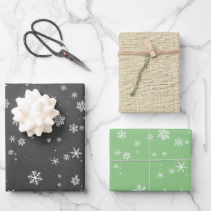 Rustic Beige Black Green Snowflake Christmas Wrapping Paper Sheet