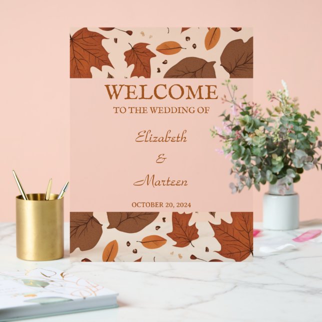 Rustic Beige Brown Maple Leaves Autumn Wedding Acrylic Sign (Wedding)
