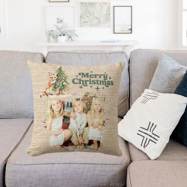 Rustic beige burlap photo fox tree green Christmas Throw Pillow (Creator Uploaded)