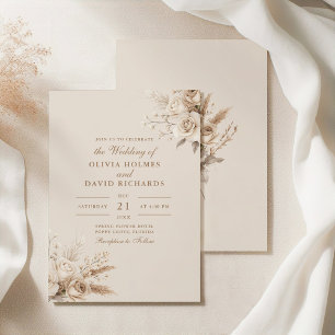 Rustic Beige Dried Flower & White Roses Wedding Invitation