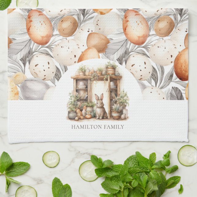 Rustic Beige Easter Rabbit Family Name Kitchen Towel (Folded)