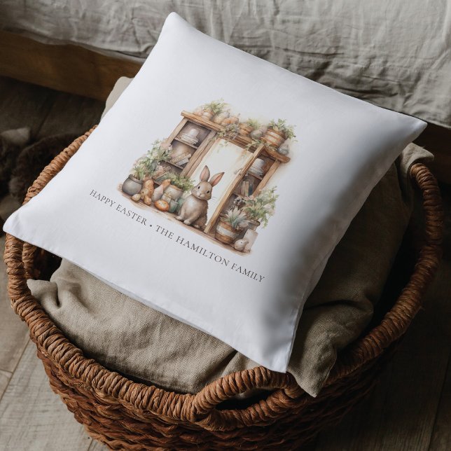 Rustic Beige Easter Rabbit Personalized Throw Pillow (Creator Uploaded)