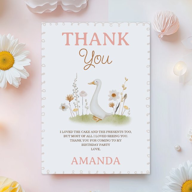 Rustic Beige Floral One Silly Goose 1st Birthday Thank You Card (Girls One Silly Goose Birthday Thank You Card, Cute One Silly Goose Themed Birthday Thank You Card)