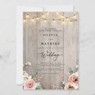 Rustic Beige Floral String Light Wedding Invitation