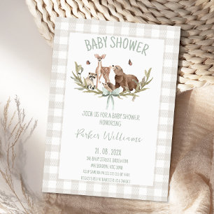 Rustic Beige Gingham Woodland Baby Shower Invitation