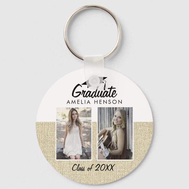 Rustic Beige Graduate Class of 2 Photo Collage Keychain (Front)