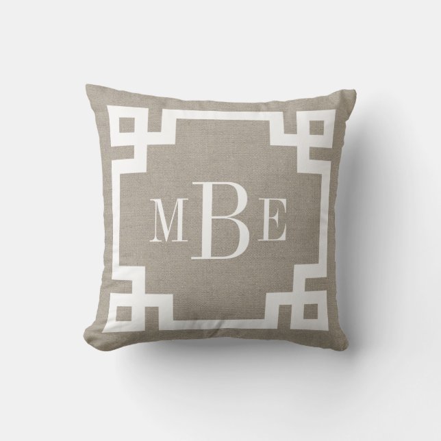 Rustic Beige Greek Key Border Monogrammed Throw Pillow (Front)