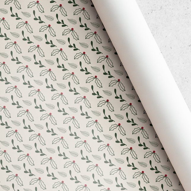 Rustic Beige Holly Berry Foliage Christmas Wrapping Paper (Creator Uploaded)