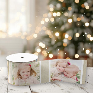 Rustic Beige Linen Custom Photo Christmas Satin Ribbon
