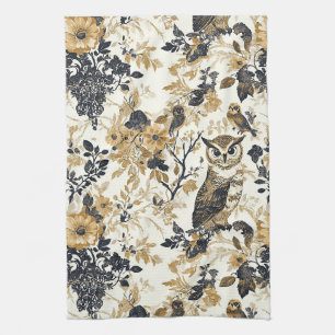 Rustic Beige Owl Woodland Floral Pattern Kitchen Towel