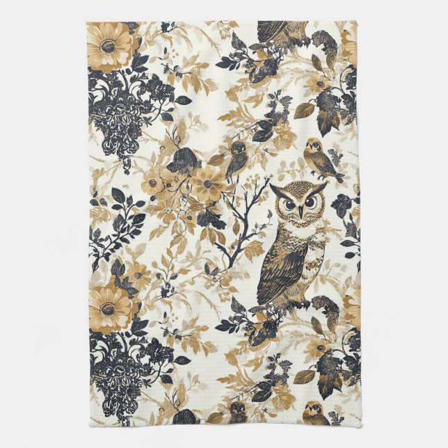 Rustic Beige Owl Woodland Floral Pattern Kitchen Towel (Vertical)
