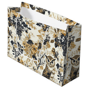 Rustic Beige Owl Woodland Floral Pattern Large Gift Bag