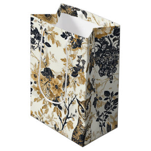 Rustic Beige Owl Woodland Floral Pattern Medium Gift Bag